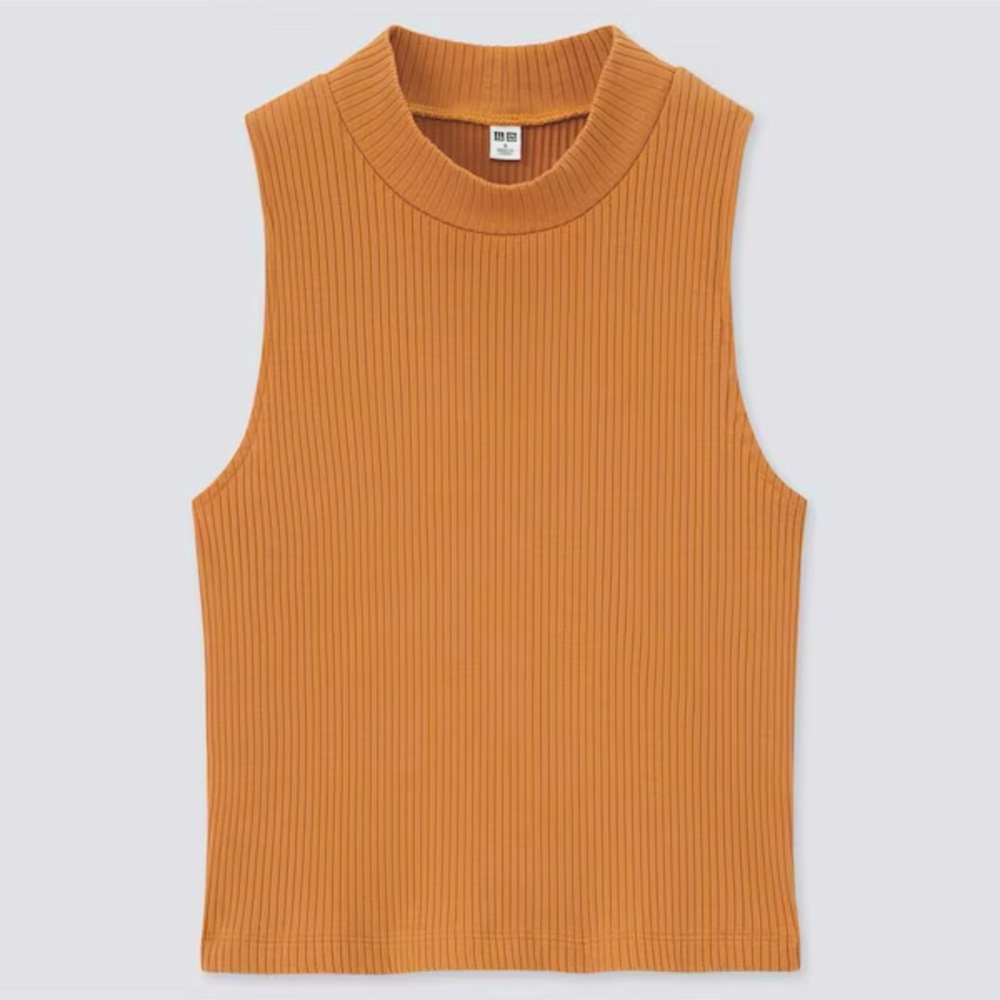 Uniqlo Ribbed High-Neck Sleeveless Crop Top — Orange